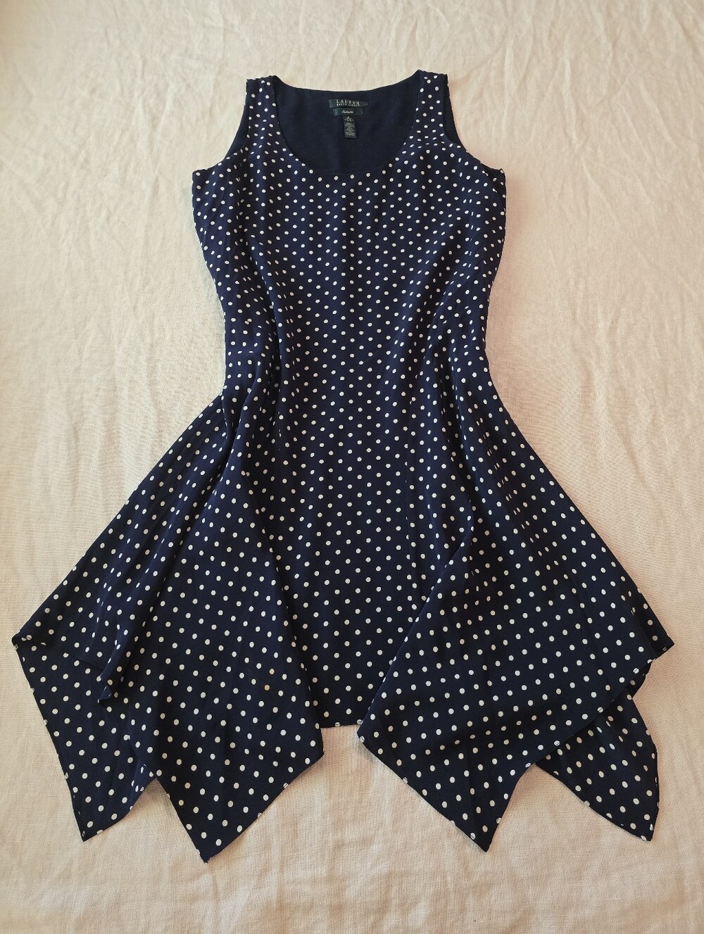 Ralph Lauren Silk Navy and White Polka Dot Asymmetrical Handkerchief Hem Dress